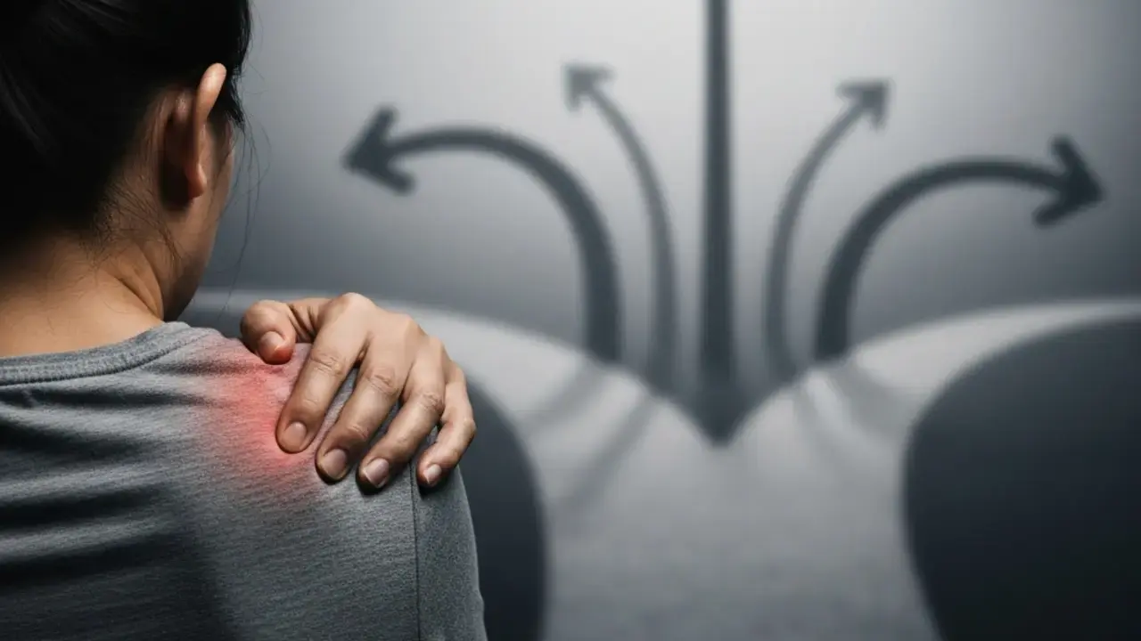 Ilustração mostrando falha do tratamento genérico na dor no ombro, com profissional explicando diagnóstico