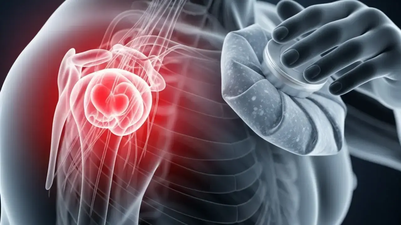 Imagem ilustrativa mostrando causas profundas da dor no ombro com destaque anatômico do ombro afetado