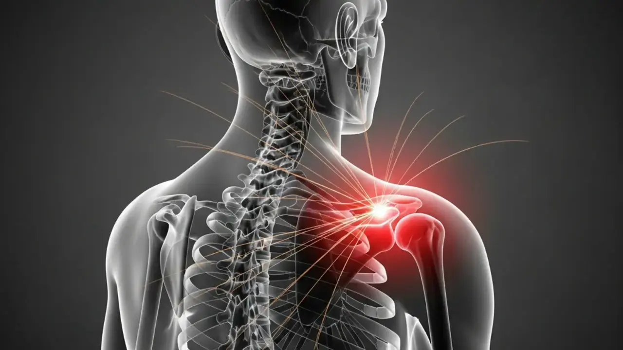 Pessoa com dor no ombro causando compensação corporal e movimento limitado