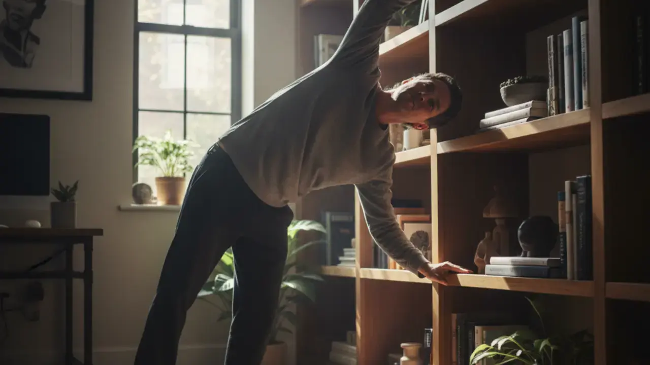 Pessoa com dor no ombro fazendo movimentos compensatórios, ilustrando as consequências da dor no ombro persistente.