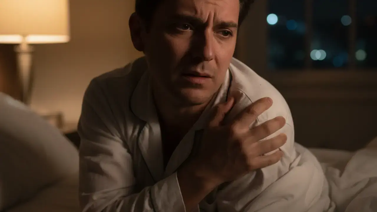 Mulher com a mão no ombro acordando à noite com dor, indicando um sintoma comum de dor no ombro persistente.