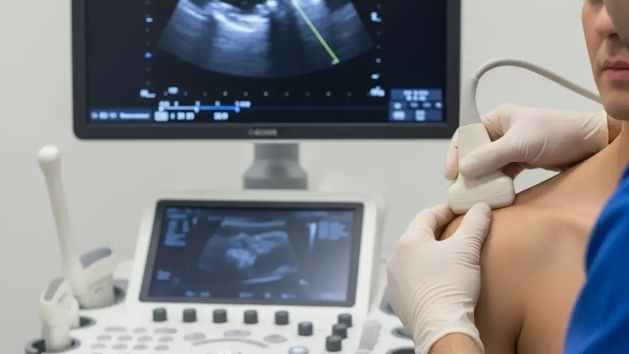 Médico realizando infiltração no ombro com auxílio de ultrassom, garantindo precisão no tratamento da tendinite.