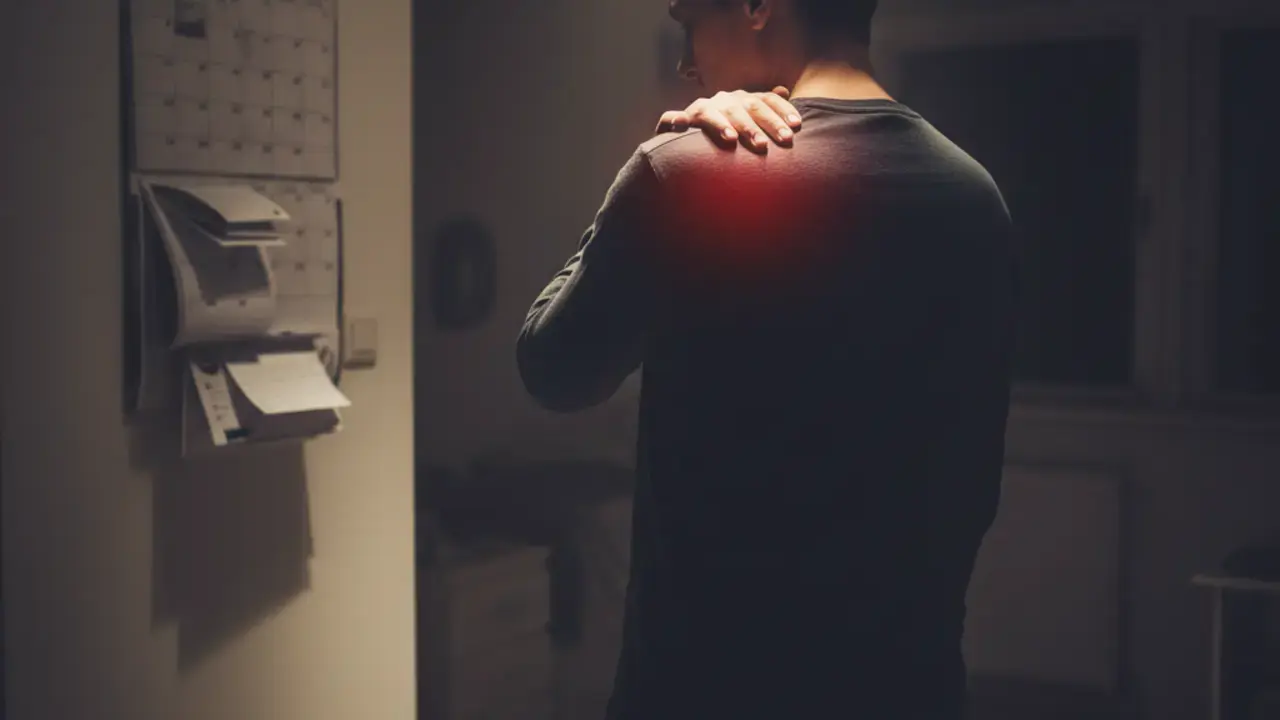 Ilustração do ciclo vicioso de inflamação, dor e sobrecarga na tendinite do ombro.