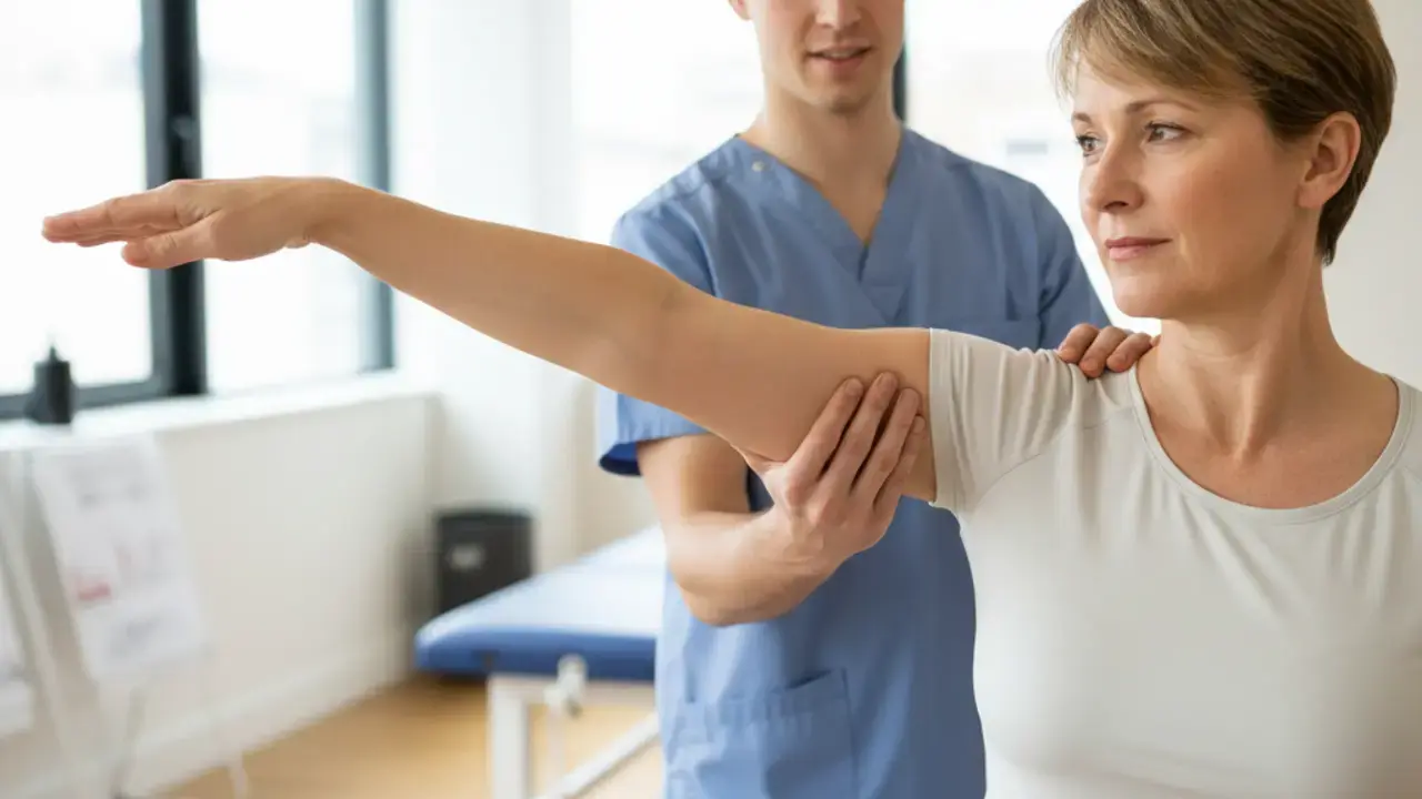 Homem realizando exercícios de fisioterapia para recuperação e pós-operatório de cirurgia de artrose no ombro.