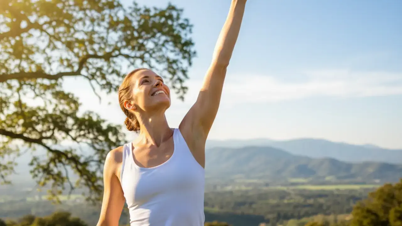 Pessoa sorrindo e levantando o braço com liberdade após o tratamento eficaz da tendinite no ombro, simbolizando uma vida sem dor.