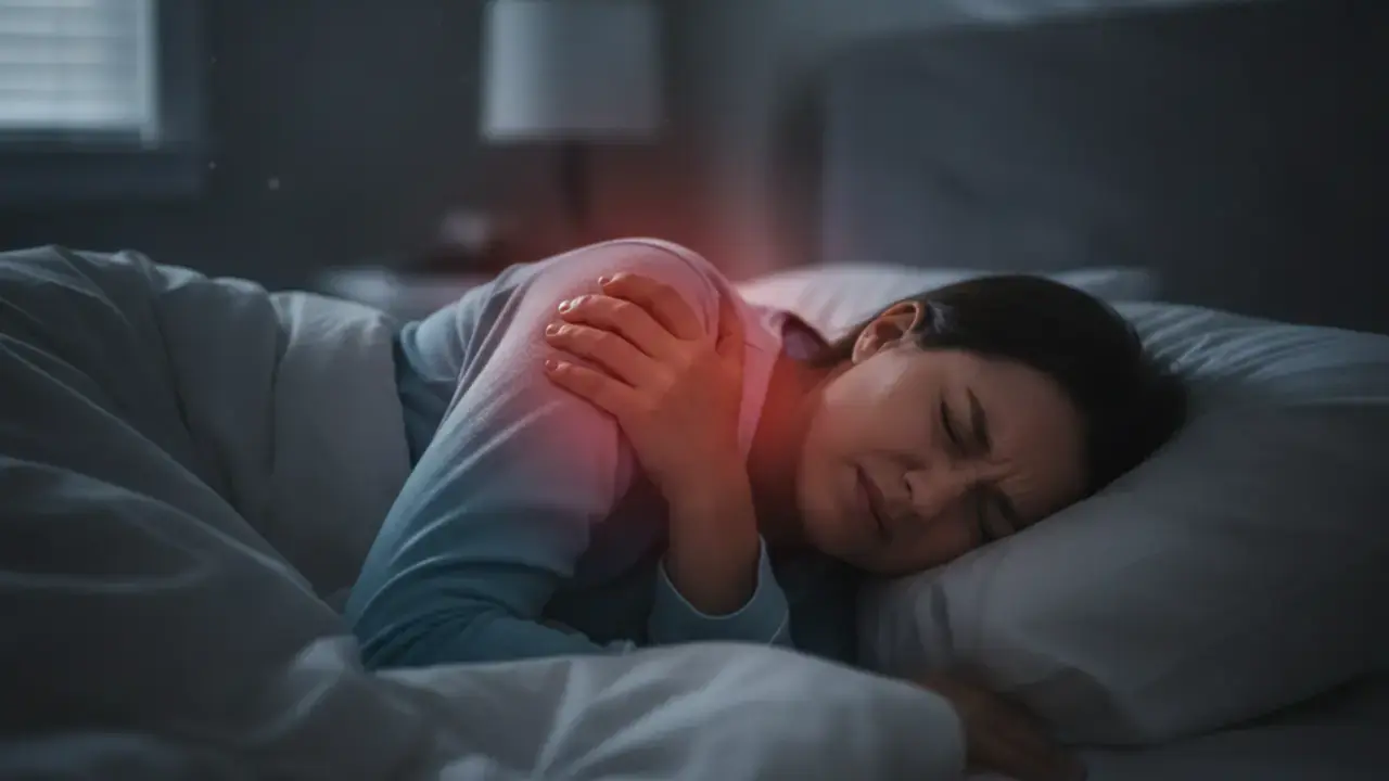 Pessoa deitada na cama sentindo dor no ombro à noite, com dificuldade para dormir, um sintoma comum do problema com o acrômio.